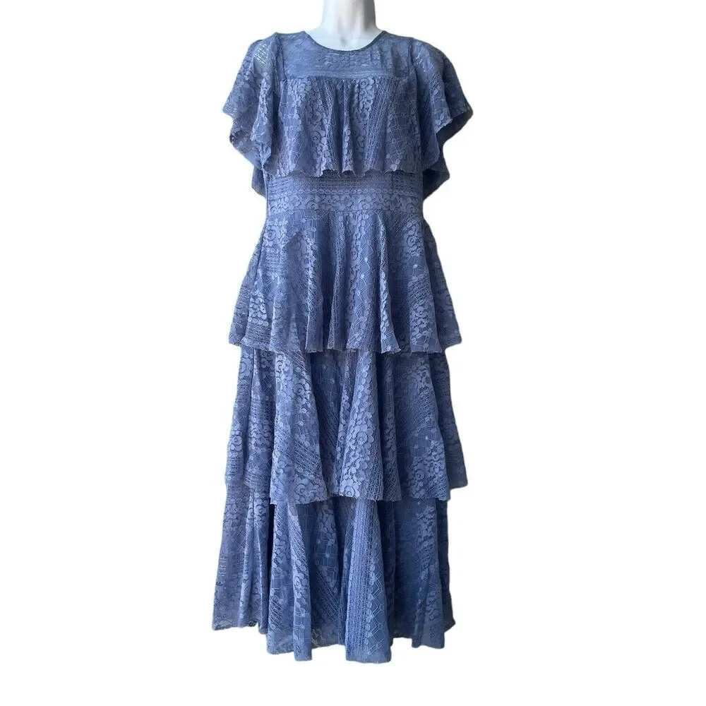 GIANNI BINI Nina Dress Tiered Flutter Short Sleeve Lace Regatta Blue Women’s XL